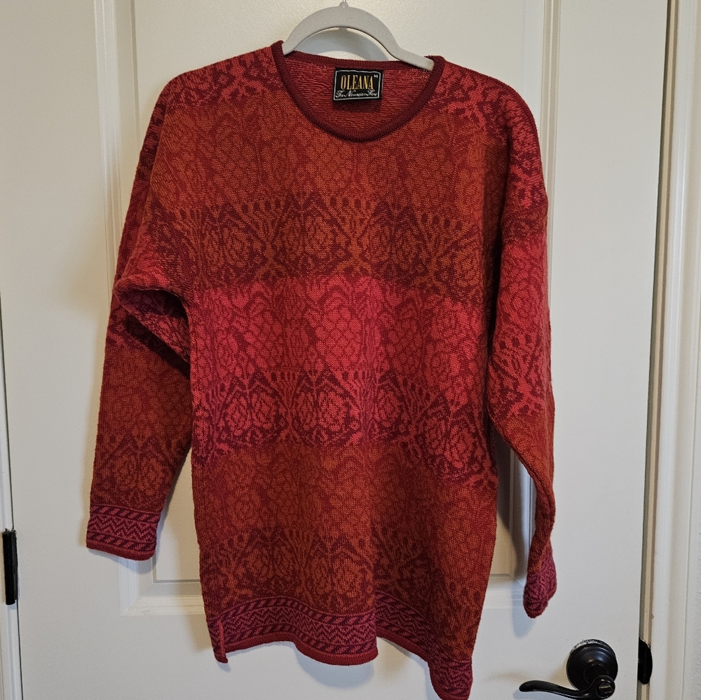 Oleana Norwegian Nordic Red Orange 100% Pure New Wool Sweater Size Medium